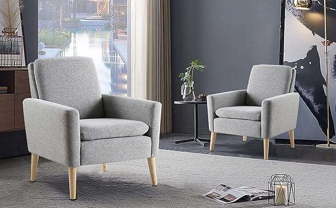 Lohoms Accent Chair Set of 2 Living Room, Fabric Upholstered Comfy Reading Chair, Mid Century Modern Armchair for Bedroom, Home Office, Padded Seat Sofa Chairs with Wood Legs, Grey