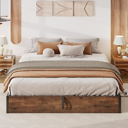 Lift Up Storage Bed Frame, King Size Wooden Platform Bed with Large Storage Underneath, No Box Spring Needed, Noise Free, Rustic Brown