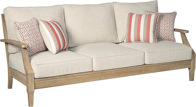Signature Design by Ashley Clare View Outdoor Patio Sofa, 4 Throw Pillows, Nuvella Weather Resistant Fabric, Eucalyptus Wood, 81" W x 35" D x 32" H, Beige