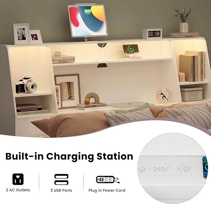 Queen/Full Headboard Queen Size with Storage, Wood Bookcase Headboard with Charging Station & 2 LED Lights, Modern Headboard Only for Queen Size Bed, Noise-Free, Sturdy and Durable, White
