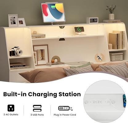 Queen/Full Headboard Queen Size with Storage, Wood Bookcase Headboard with Charging Station & 2 LED Lights, Modern Headboard Only for Queen Size Bed, Noise-Free, Sturdy and Durable, White