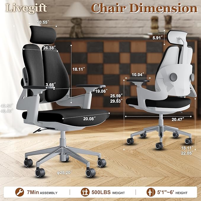 Ergonomic Office Chair Big and Tall Desk Chair, Dual-backrest Computer Chair with 6D Adjustable Arms and Lumbar Support, 500lbs Extra Wide Seat, for Home & Office Use,Black