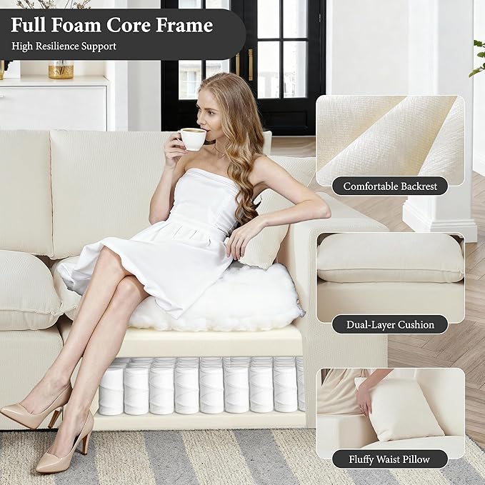 108" Sectional Couches for Living Room Boneless Couch Upholstered Cloud Couch Sectional Modular Sectional Sofa with L Shaped (Chenille-White, 3 Seat+2 Ottoman)