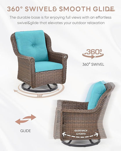 Patio Chairs Outdoor Swivel Glider - Set of 4 High Back Outside Brown Wicker Rattan Rocking Chair with Thick Cushion for Porch Apartment Deck Yard Poolside Garden - Turqoise