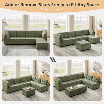 VANOMi 4 Seat Cloud Couches for Living Room with Ottoman, 118" Modular Sectional Sofas & Couches, Cozy Chenille Cloud Sectional Couch Sofa for Apartment, Office, Olive Green, L Shaped