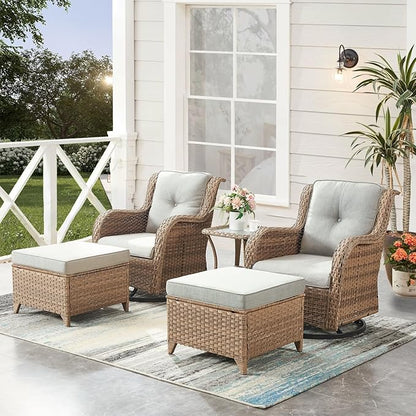 HUMMUH Outdoor Swivel Rocker PE Wicker Patio Chairs Set of 2, Rattan Rocking Chair Furniture Set (Yellow,Beige)