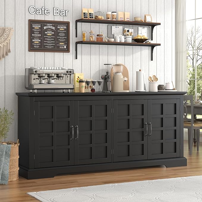 70" Sideboard Buffet Cabinet with Storage, Coffee Bar Cabinet with and 4 Doors, Long Wider Storage Cabinet Modern Farmhouse, Black Wood, for Kitchen, Dining Room, Living Room