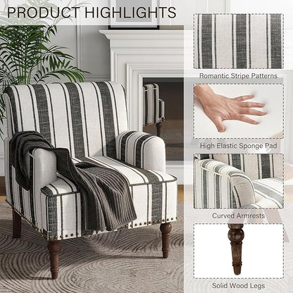 UIXE Stripe Accent Chair, Modern Upholstered Armchair in Fabric for Living Room, Nailhead Trim Club Arm Chair Comfy Single Sofa Bedroom Reading Seat with Wood Legs - Black