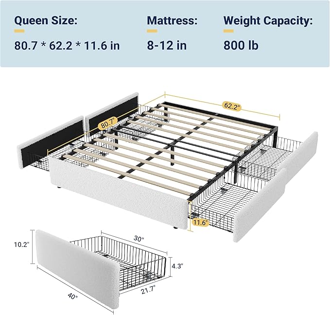 Allewie Queen Size Bed Frame with 4 Oversized Storage Drawers, Soft Teddy Fabric, Boucle Upholstered Platform Bed, Wooden Slats Support, Noise-Free, No Box Spring Needed, Easy Assembly, White