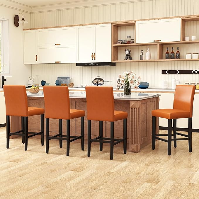 LSSPAID Counter Height Bar Stools Set of 4, 24.8 Inch Upholstered PU Leather Barstools, Modern Kitchen Island Chairs with Backrest and Solid Wood Legs, Light Brown