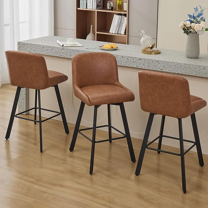 Swivel Bar Stools Set of 3, 30''H Upholstered Barstools with Backs, Modern Counter Height Bar Stool Chairs for Kitchen Island, Metal Legs, Faux Leather, Brown Counter Stools