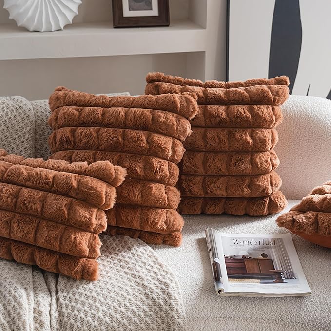 Neelvin Brown Faux Fur Cozy Soft Plaid Decorative Throw Pillow Covers 18x18 inch Set of 2,Velvet Pillowcase Cushion Case for Sofa Couch