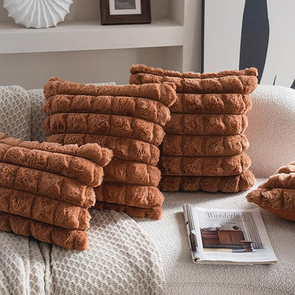 Neelvin Brown Faux Fur Cozy Soft Plaid Decorative Throw Pillow Covers 20x20 inch Set of 2,Velvet Pillowcase Cushion Case for Sofa Couch