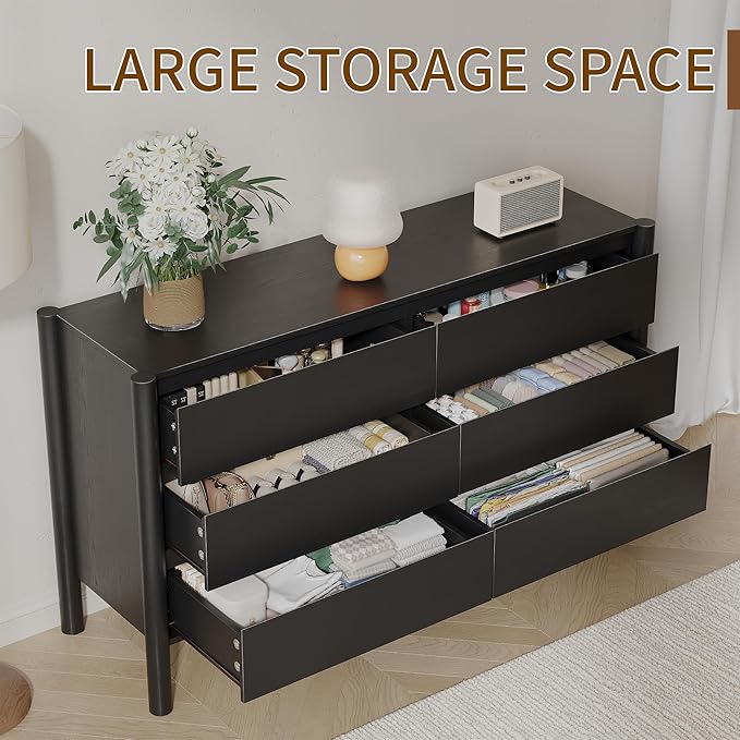 CHUWELL Dresser for Bedroom, 47" Wide Mid Century Chest of Drawers with 7 Large Storage Space and 4 Solid Wood Cylindrical Legs, 7 Drawer Large Dresser for Bedroom(Black)