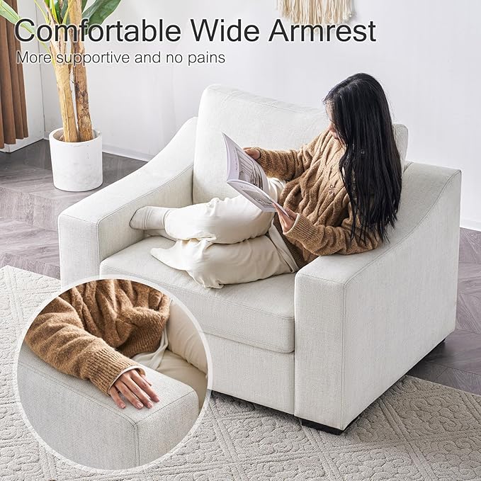 ELUCHANG 47" W Oversized Accent Chair Set of 2, Linen Fabric Modern Armchair, Washable Covers, Comfy Upholstered Large Chair Armchair Sofa Chair Reading Chair for Living Room Bedroom Office, Ivory