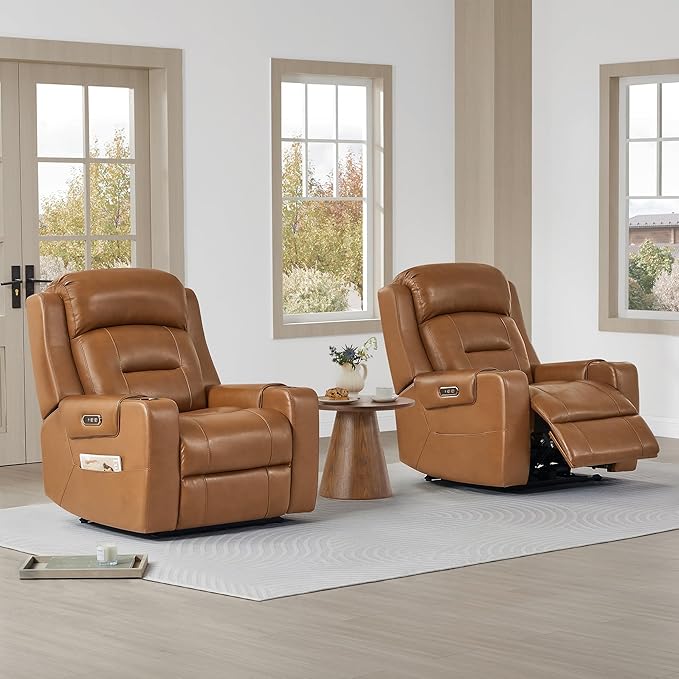 Watson & Whitely Oversized Genuine Leather Power Recliner Chairs for Big and Tall, Extra Wide Lay Flat Recliner with Power Headrest & Cup Holders, Electric Reclining Sofa for Living Room, Saddle
