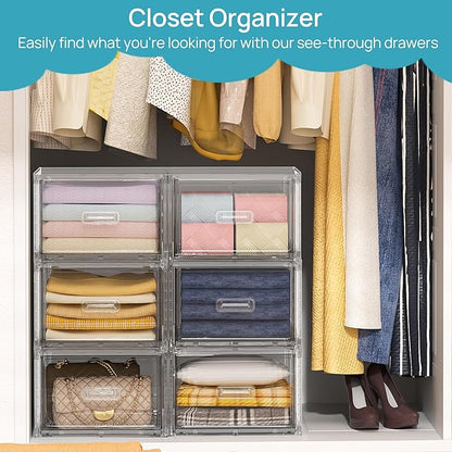 Vtopmart 4 Pack 18QT Clear Stackable Storage Drawers,Easily Assemble Closet Organizers,Plastic Storage Bins for Bathroom,Cabinet,Kitchen Pantry,Under Sink Organization(Medium)