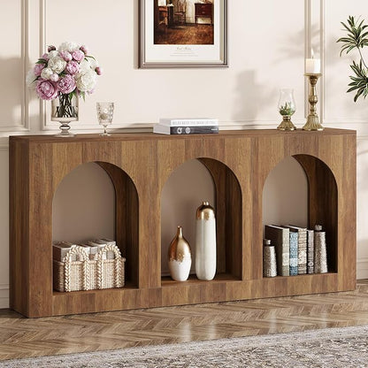 Tribesigns 70.9" Console Table with Storage, Wood Entryway Entry Table with 3 Arched Shelves for Foyer, Hallway, Living Room, Behind Couch Sofa, Narrow Long, Brown