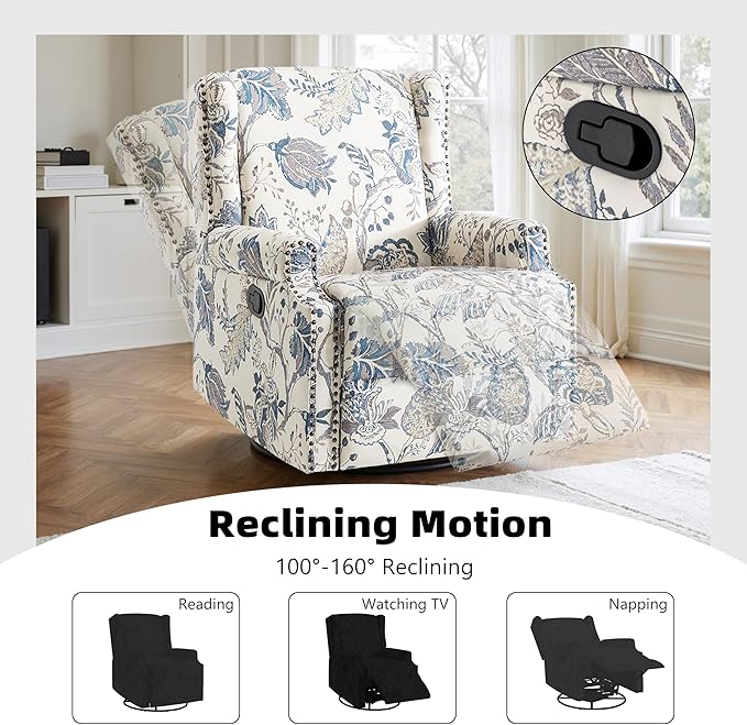 Swivel Glider Recliner Chairs Set of 2, High Back Rocker Reclining Accent Chair with Smooth Manual Mechanism for Nursery, Comfortable & Quiet Upholstered Armchair Seating-Bule Plant