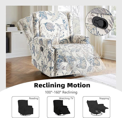 Swivel Glider Recliner Chairs Set of 2, High Back Rocker Reclining Accent Chair with Smooth Manual Mechanism for Nursery, Comfortable & Quiet Upholstered Armchair Seating-Bule Plant