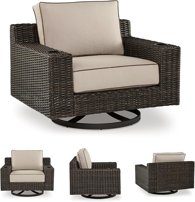 Signature Design by Ashley Coastline Bay Casual Outdoor Swivel Lounge with Cushion and 2 Cup Holders, Nuvella Weather Resistant Fabric, Beige & Dark Brown
