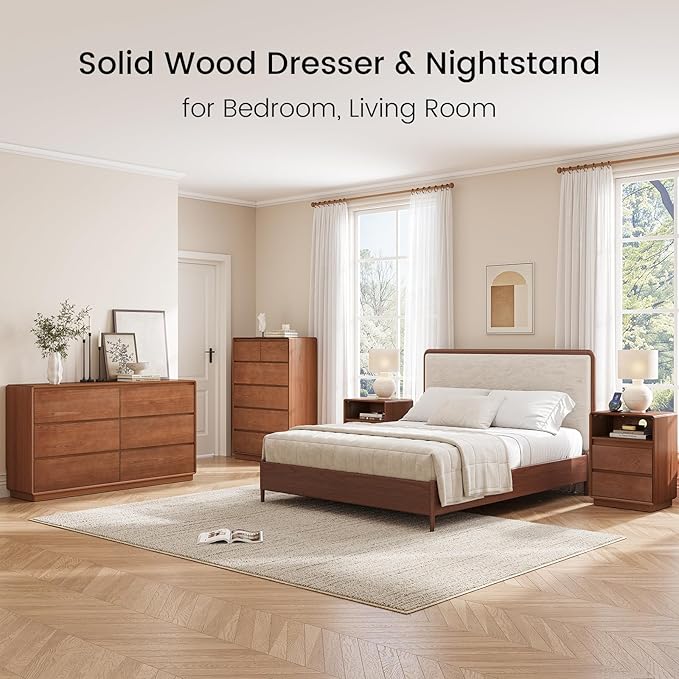 Solid Wood Dresser for Bedroom, Natural Solid Wood 6 Drawer Dresser,45.3" Tall Mid Century Modern Chest of Drawers, Closet Storage Organizer for Living Room, Bedroom