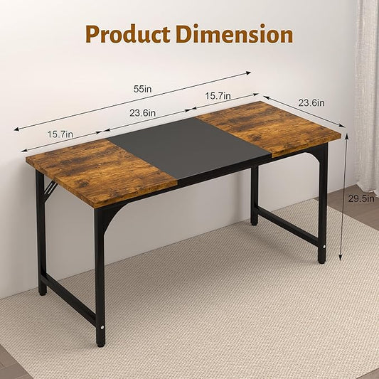 AZN Computer Desk, 55in Computer Desk, Gaming Office Desk w/Carbon Fiber Tabletop, Gaming Office Desk w/Sturdy Metal Frame, Home Office Desks w/Large Legroom for Game Work Study Writing,RusticBrown