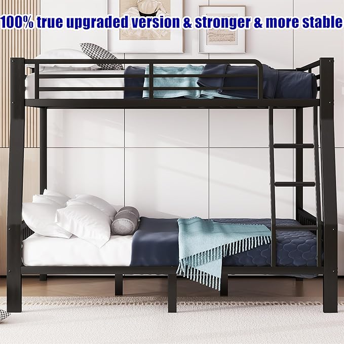 Stronger & Higher Quality Heavy Duty Steel Bunk Bed Full XL Over Queen Size Bunkbed, Thickened Safer More Stable Metal Queen Bunk Bed Frame (Faster Assembly) (Full XL Over Queen)