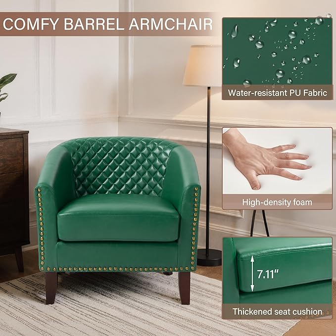 Pia Ricco Faux Leather Barrel Accent Chairs Set of 4, Modern Club Arm Chair Comfy Upholstered Single Sofa Chair with Solid Wood Legs and Nailhead Trim for Living Room/Reading Room, Green