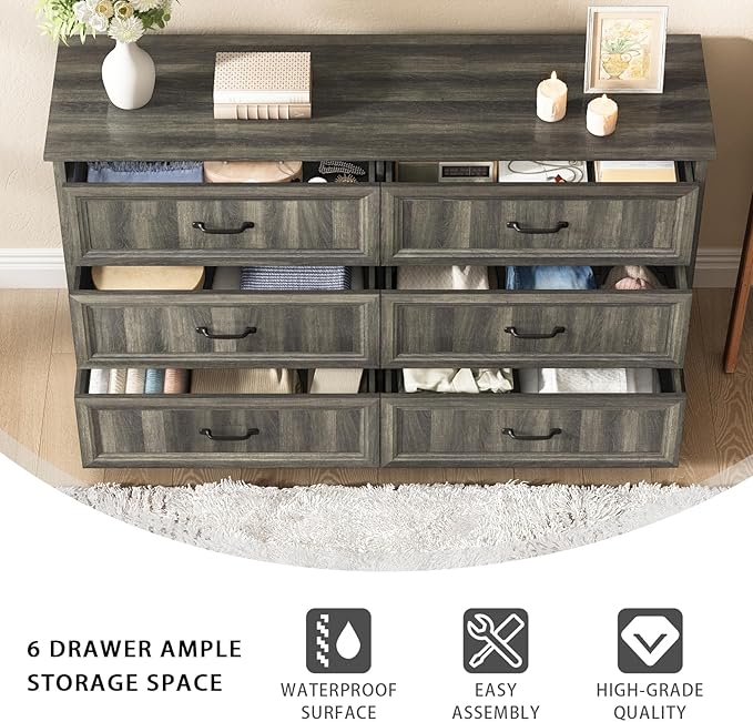 CARPETNAL Farmhouse 6 Drawer Dresser for Bedroom, 55 Inch Wide Modern Grey Dresser TV Stand with Large Drawers & Bar Handles, Rustic Wood Chest of Drawers for Bedroom, Living Room, Hallway, Entryway.