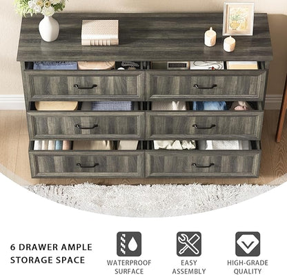 CARPETNAL Farmhouse 6 Drawer Dresser for Bedroom, 55 Inch Wide Modern Grey Dresser TV Stand with Large Drawers & Bar Handles, Rustic Wood Chest of Drawers for Bedroom, Living Room, Hallway, Entryway.