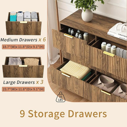 3-Piece Modern Bedroom Furniture Set, Wide 9-Drawer Dresser & 2-Drawer Nightstands Set of 2, Natural Wood Dresser and Nightstand Sets for Bedroom, Hallway, Walnut