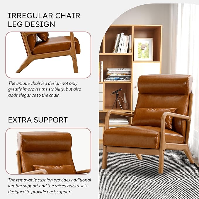 Accent Chair Mid Century Modern Chair PU Leather Living Room Chairs with Solid Wood Frame Comfy Upholstered and Lumbar Pillow Reading Side Chair Easy Assembly for Bedroom (2, Brown)