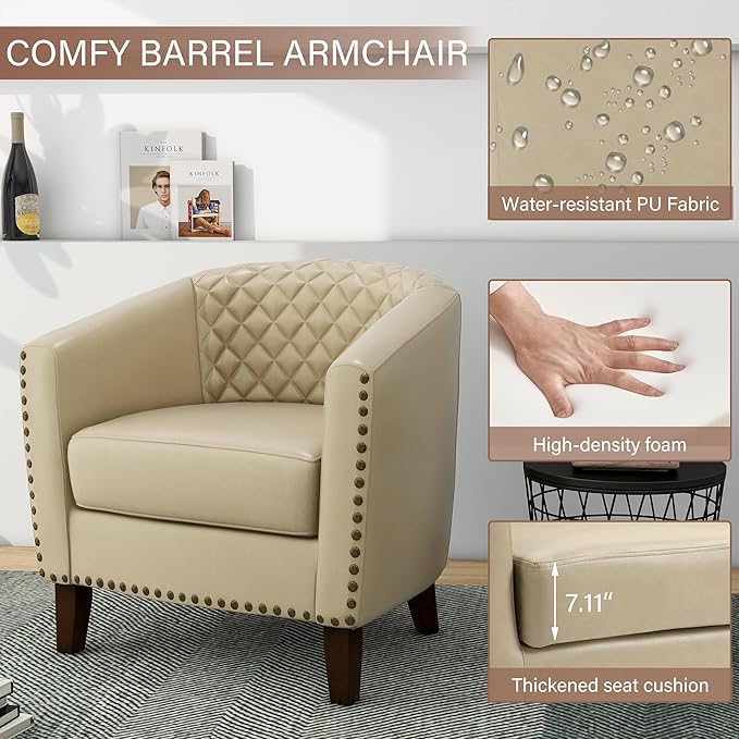 Pia Ricco Faux Leather Barrel Accent Chairs Set of 4, Modern Club Arm Chair Comfy Upholstered Single Sofa Chair with Solid Wood Legs and Nailhead Trim for Living Room/Reading Room, Beige