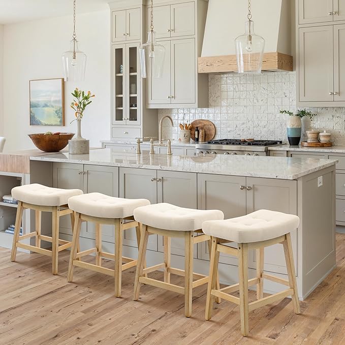 Counter Height Bar Stools Set of 6 for Kitchen Counter Farmhouse Modern Barstools with Upholstered Fabric Backless Seat and Solid Wood Legs 24 inch Bar Chairs, Khaki + Wood Color