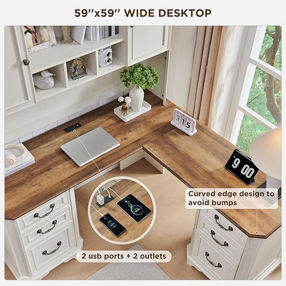T4TREAM L Shaped Desk with Hutch,59" Farmhouse Wood Home Office Executive Desk,Charging Station,File Drawer, Storage Cabinet,Computer Desk for Work and Study (Antique White)
