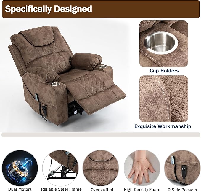 Dual Motor Large Power Lift Chairs Recliners for Adults Elderly Big Man Lay Flat Velvet Recliner with Massage Heat, Infinite Position, 2 Cup Holders, 2 Side Pockets, Up to 400LBS