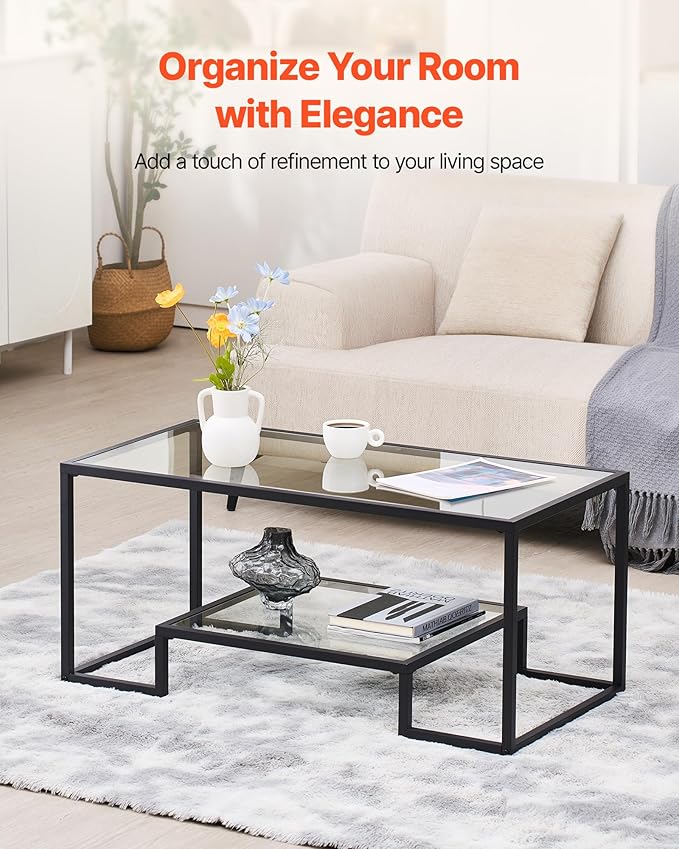 VEVOR Coffee Table, Modern Tempered Glass Coffee Table, 2 Tiers Rectangle Glass Center Desk with Open Storage, Minimalist Sturdy Metal Frame Accent End Desk for Living Room, Office, Easy Assembly