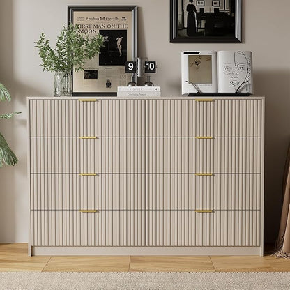 Beige Dresser for Bedroom, Modern Dresser with 8 Drawers and Smooth Slides, Wide Chest of Drawers with Golden Handles for Bedroom, Closet, 15.7" D x 55" W x 37.4" H
