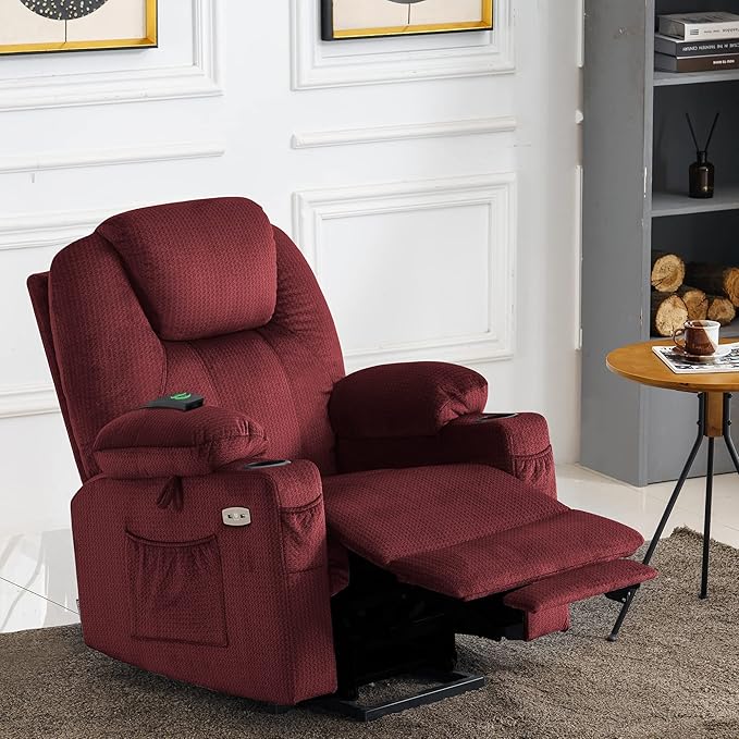 MCombo Power Lift Recliner Chair for Elderly, Lift Chair with Heat and Massage, USB&Type C Ports, Extended Footrest, Cup Holders, Fabric 7040 (Medium, Carmine Red)