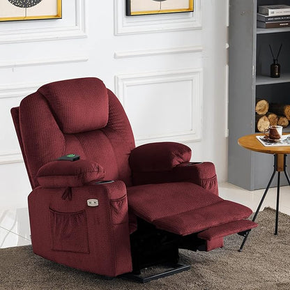 MCombo Power Lift Recliner Chair for Elderly, Lift Chair with Heat and Massage, USB&Type C Ports, Extended Footrest, Cup Holders, Fabric 7040 (Medium, Carmine Red)
