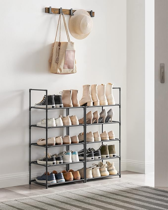 SONGMICS Shoe Rack, 10-Tier Shoe Shelf, Shoe Storage Organizer, 11 x 17.7 x 68 Inches, Metal Frame, Non-Woven Fabric Shelves, for Entryway, Bedroom, Black ULSH010B02