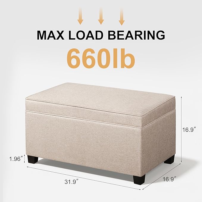 Adeco 31 Inches Storage Ottoman Bench, Non-Folding End of Bed Foot Rest Stools Ottoman with Thicker Foam Padded Seat, Upholstered Storage Chest for Living Room, Entryway, Bedroom