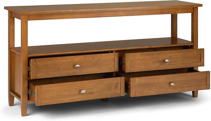 SIMPLIHOME Warm Shaker Wide Console Table - 60 Inch Wide Solid Wood Sofa Table in Light Golden Brown, Transitional Storage for Living Room with 4 Drawers, Open Shelf, and Brushed Nickel Knobs