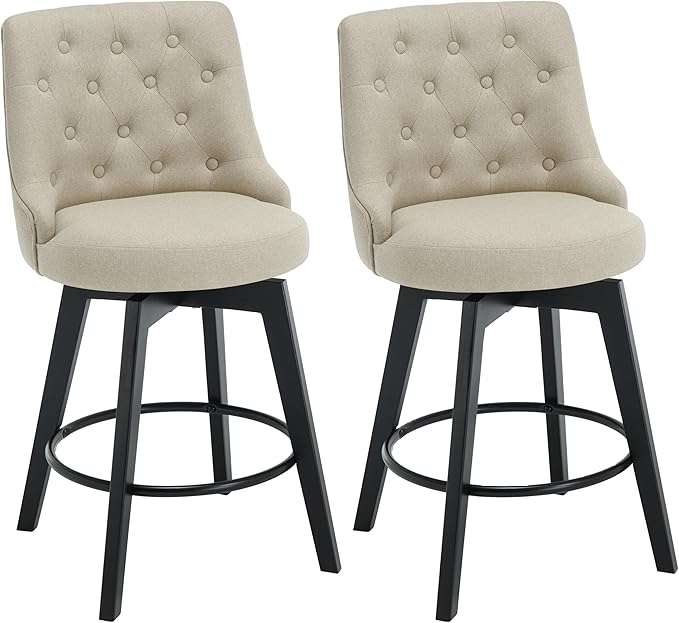 MINCETA Set of 2 Upholstered Bar Stools - 26 Inch Swivel Counter Height Stools with Low Tufted Back, Footrest & Performance Fabric - Khaki Round Seat for Kitchen Island & Home Bar