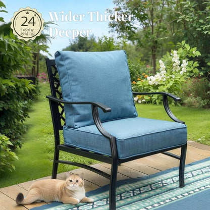 Patio Furniture Set, 4 Pcs Metal Outdoor Conversation Set, 2 Single Chairs and 3 Seater Sofa with 5.75" Extra Thick Cushion and Gas Fire Pit Table for Backyard Deck, Navy Blue