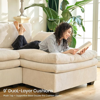 Belffin Large Modular Sectional Sofa with Double Deep Chaise, 135" Corduroy U Shaped Sectional Couch with 9" Soft Dual-Layer 6 Seats U Shaped Couch for Living Room, Apartment, Beige