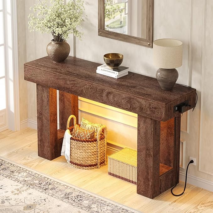 Unikito 47" Entryway Table with Socket and Sensor Light, Narrow Console Table with Storage Behind Couch, Farmhouse Entry Way Tables with Open Storage for Entrance/Hallway/Living Room, Rustic Oak