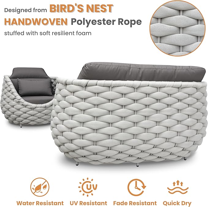 Aluminum Patio Furniture Set: 4 Pieces Woven Rope Outdoor Conversation Sofa Set Assembled - Modern Cushioned Armchair Couch Set for 660lbs Porch Deck Backyard Poolside Garden Drawing Room Hotel