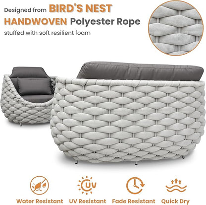 Aluminum Outdoor Seating Set: 5 Pieces Woven Rope Patio Furniture Conversation Set - Modern Deck Loveseat Set Cushioned - Assembled Metal Porch Lounge Set for Yard Garden Lanai Hotel Resort Pool